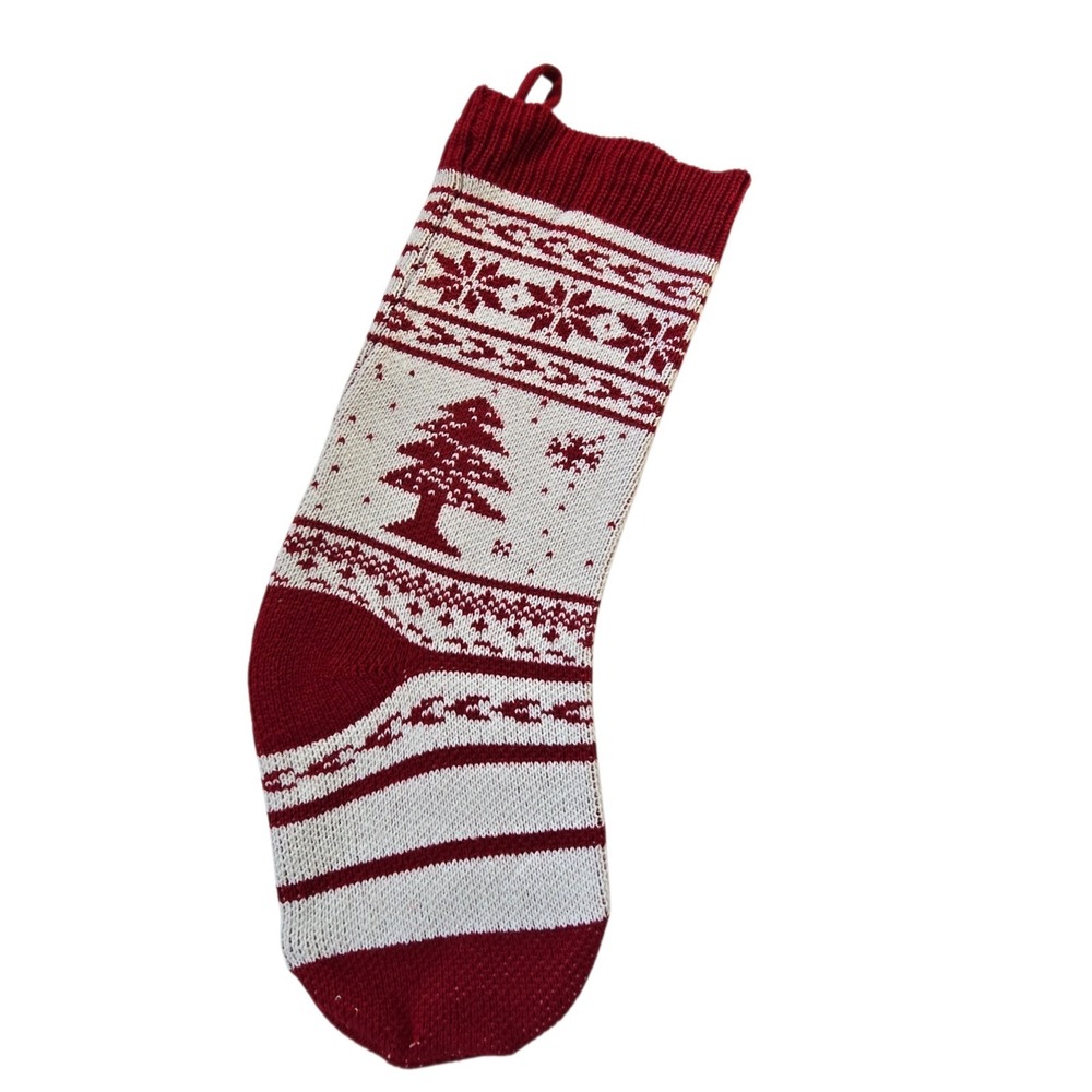 Fair‎ Isle Knitted Christmas Stocking Nordic Tree Red Cream Holiday Christmas